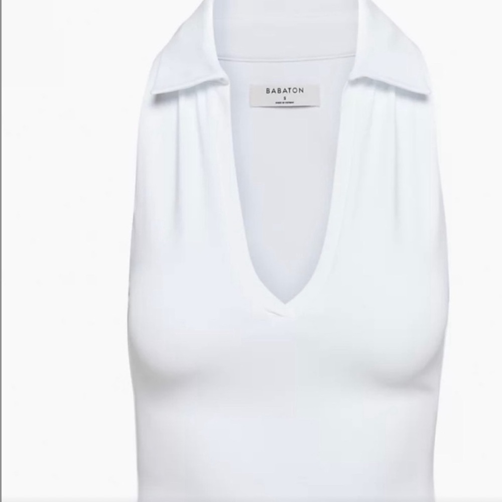 Aritzia Babaton White Sleeveless V-Neck Polo Tank